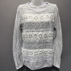 Chico's Size 2 Long Sleeve Round Neck Casual Sweater-Gray/White-Metallic-Lace